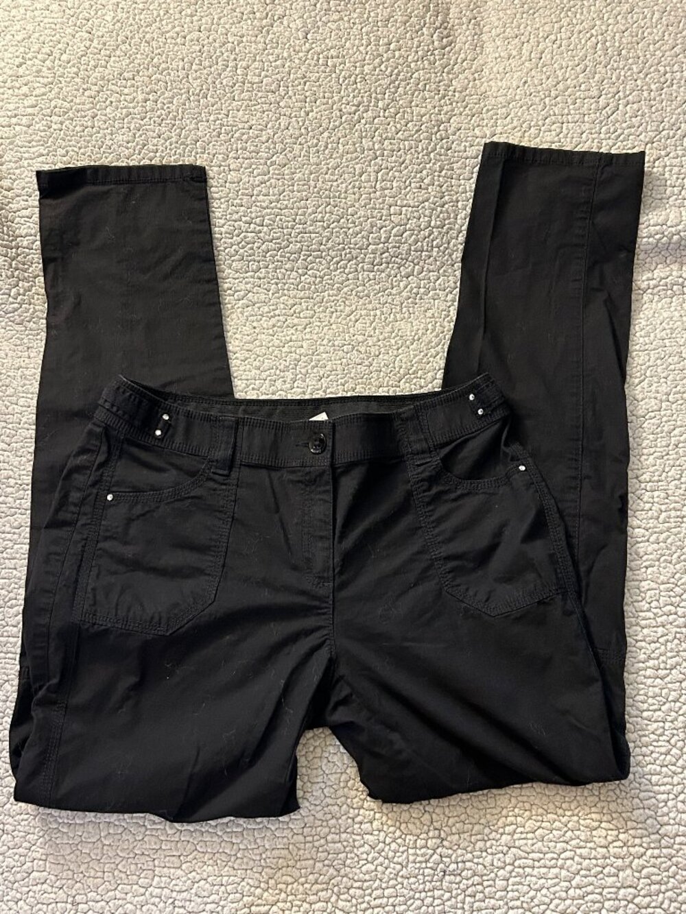 Chicos -- black cotton straight leg pants, with rhinestone details at waist